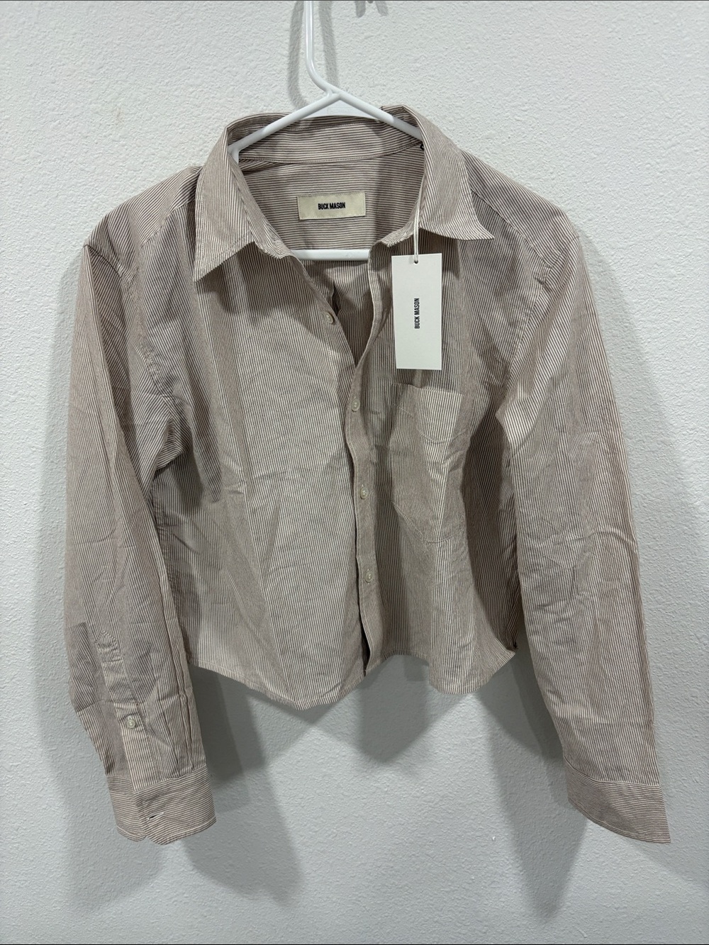 Buck Mason Women’s Small Cocoa Brown Typewriter Stripe Cotton Mainstay Shirt